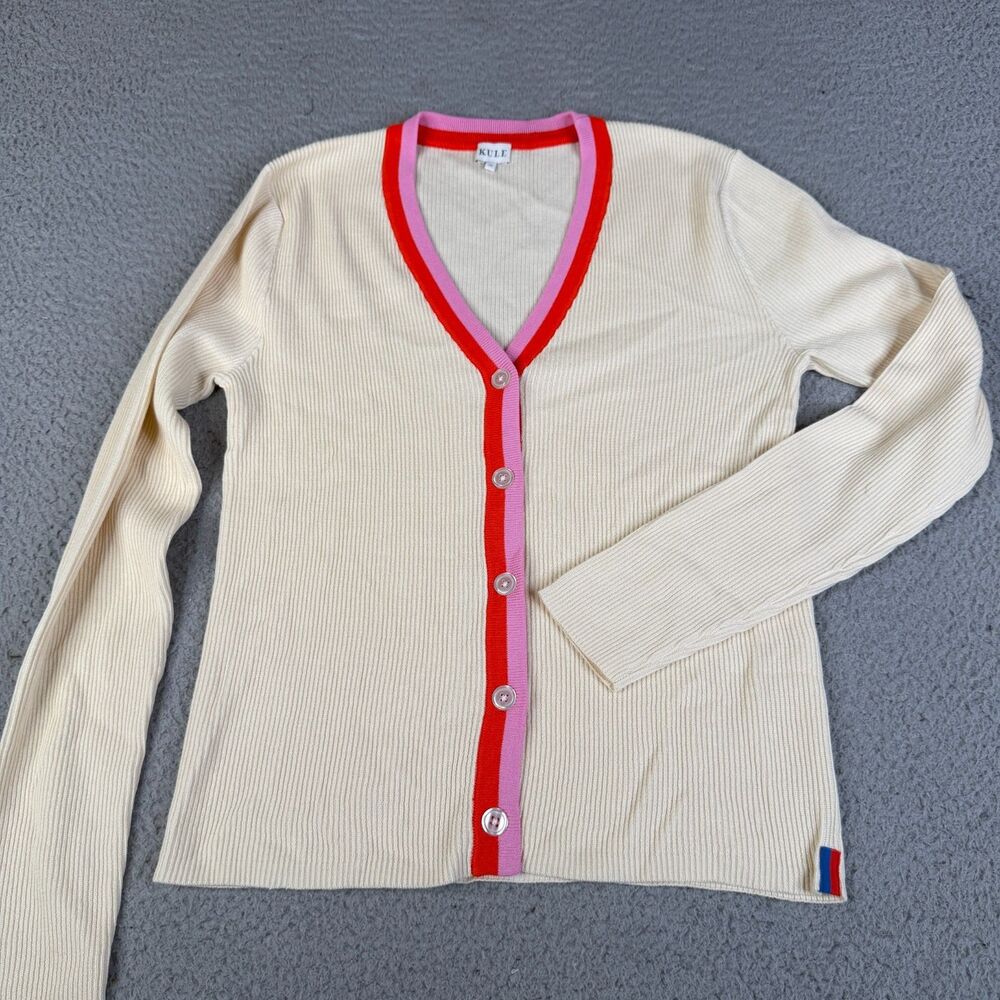 KULE Cardigan Sweater Womens XS Cream Red Pink Knit Ribbed Button Cotton Trim